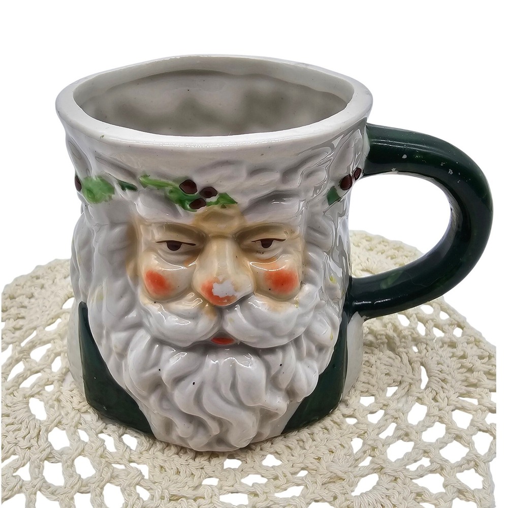 Vintage Santa Claus Ceramic Christmas Mug 3D Embossed Father Christmas Holly